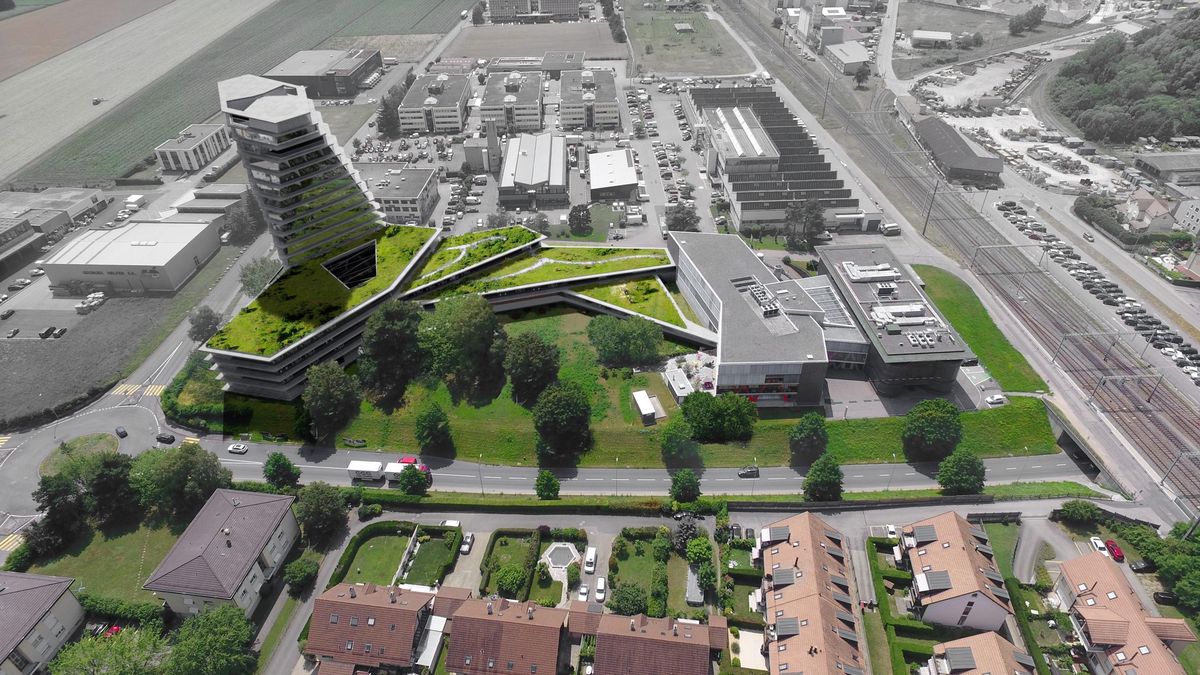 Le projet d’extension de Swissquote prévoit la construction de nouveaux locaux, dont une tour, au sud de ses deux bâtiments situés du côté des voies ferrées. Un parc public sera aménagé côté Lausanne.
