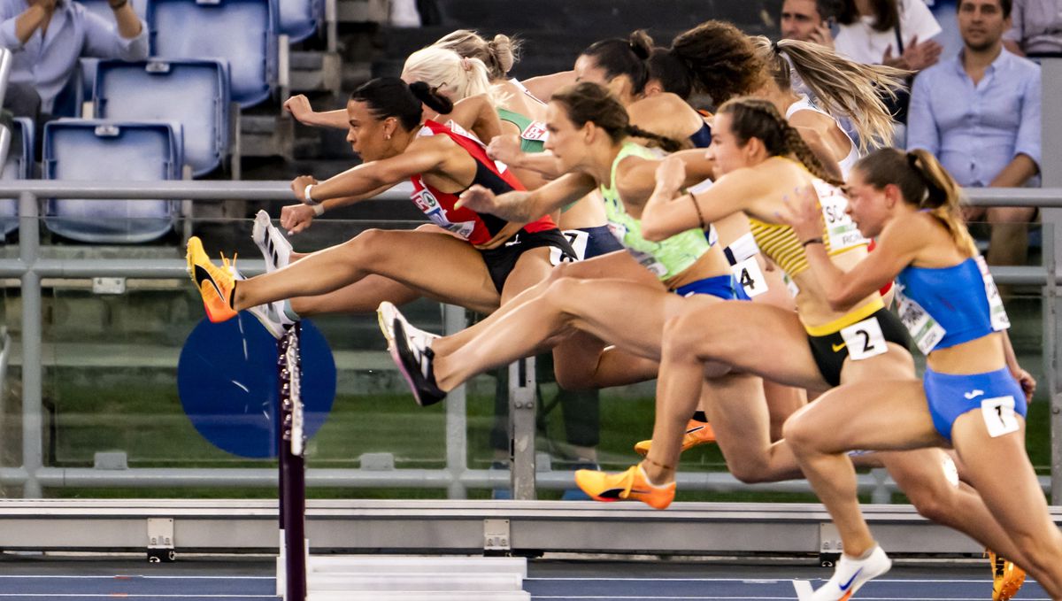 Ditaji Kambundji of Switzerland in action during thewomen's 100 meters hurdles semi-final at the European Athletics Championships, in the Olympic stadium, in Rome, Italy, Saturday, June 8, 2024. (KEYSTONE/Jean-Christophe Bott)