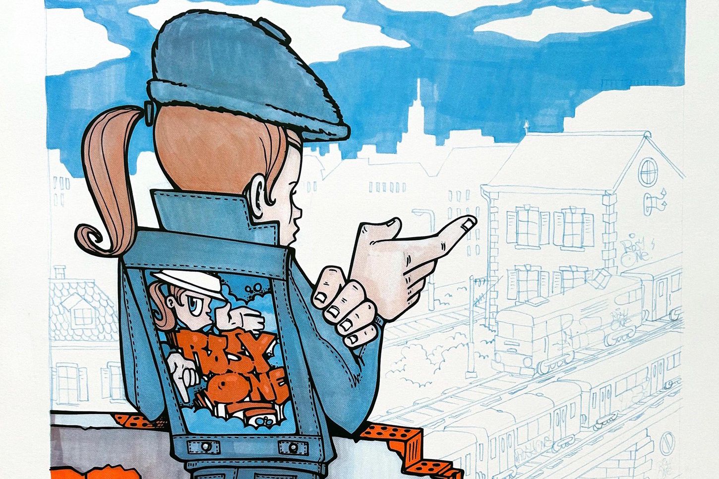 Peinture murale d’un personnage avec casquette et veste en jean, tenant un objet, se tenant sur un mur partiellement détruit, avec graffiti.