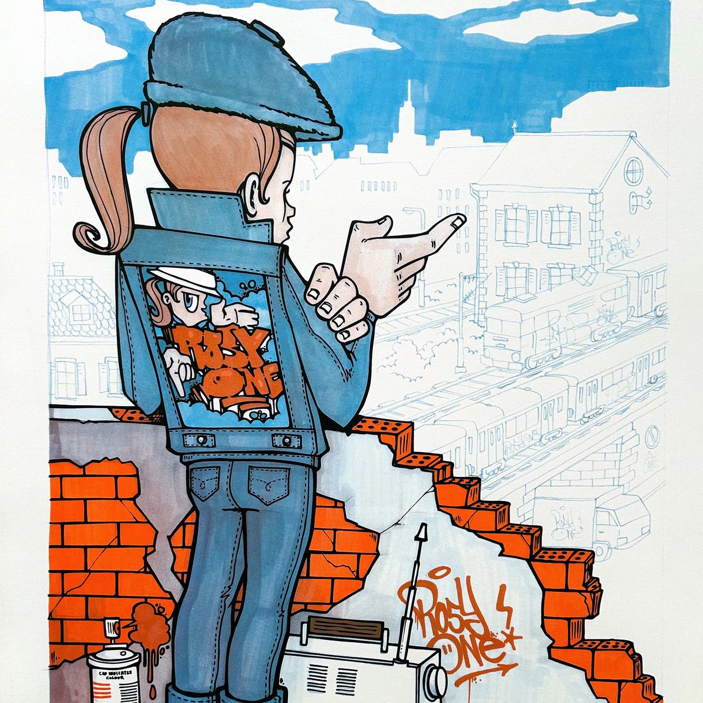 Peinture murale d’un personnage avec casquette et veste en jean, tenant un objet, se tenant sur un mur partiellement détruit, avec graffiti.