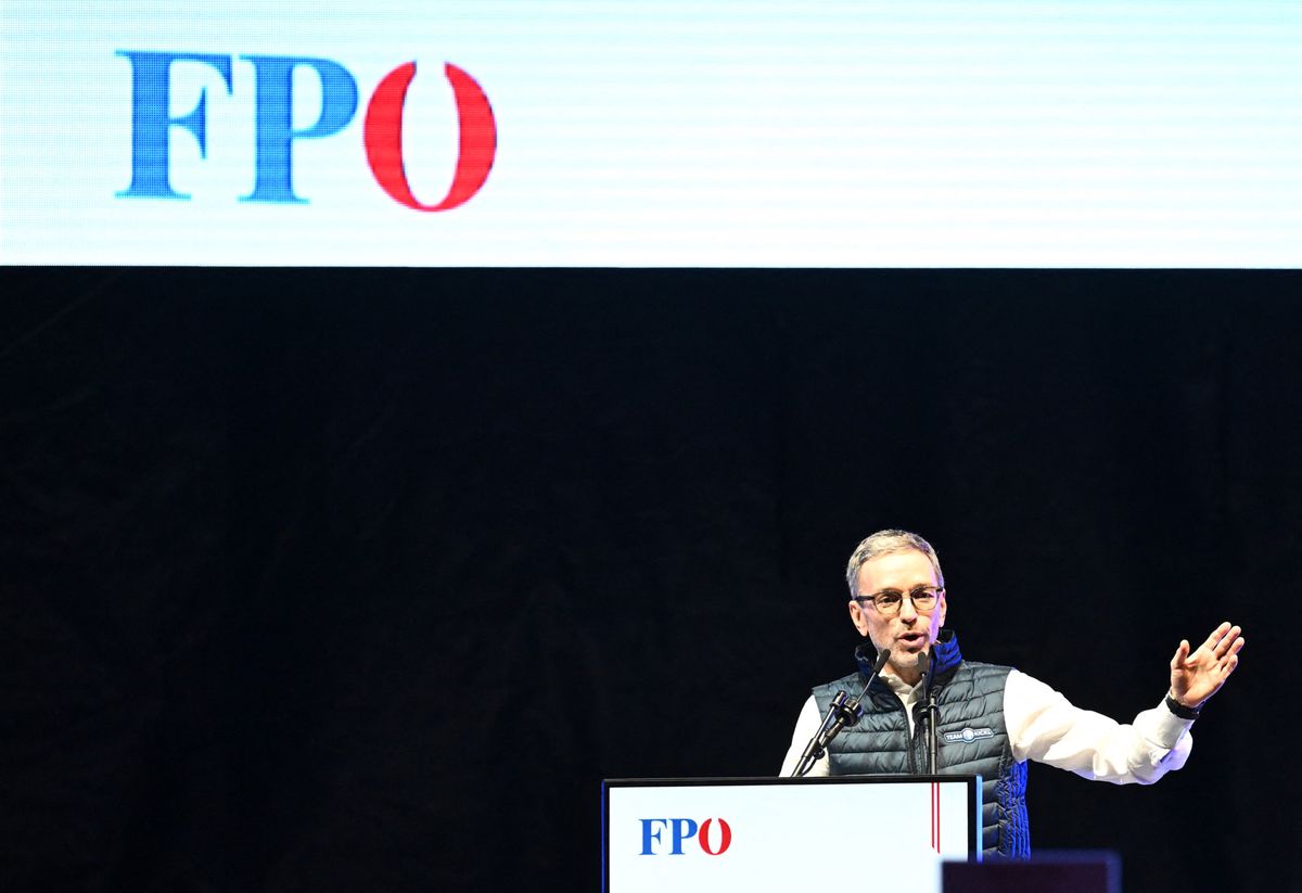 Chairman and top candidate of the Freedom Party of Austria (FPOe) Herbert Kickl speaks during an election rally at Stephansplatz in Vienna, Austria on September 27, 2024. General elections in Austria will take place on September 29, 2024. (Photo by Joe Klamar / AFP)