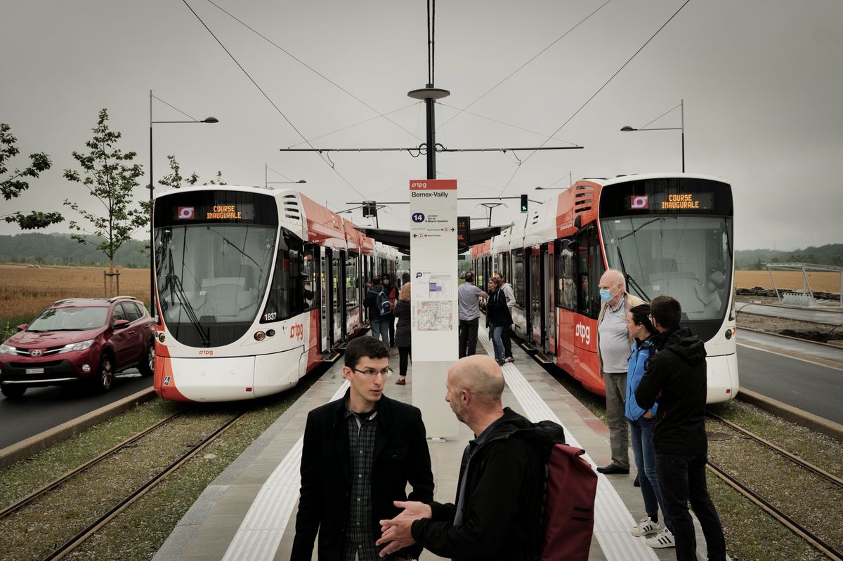 Genève, 4 juillet 2021. Inauguration du prolongement de la ligne de tram 14 vers Bernex-Vailly. Photo: LAURENT GUIRAUD