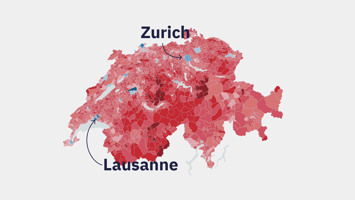 Carte de la Suisse montrant les régions en nuances de rouge avec Zurich et Lausanne marqués.