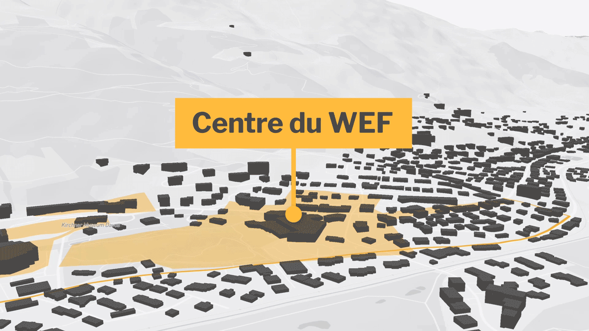 Carte en 3D de Davos montrant l’emplacement du Centre du WEF, marqué par une étiquette orange.