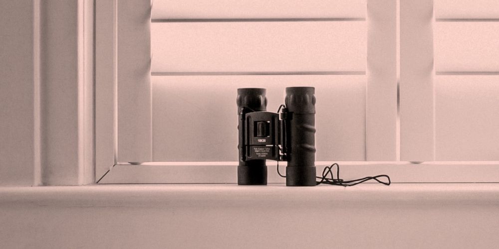 Couverture du livre 'La famille Ruck' de Katja Schönherr, traduit par Barbara Fontaine, avec des jumelles posées sur une surface devant une fenêtre avec des stores.