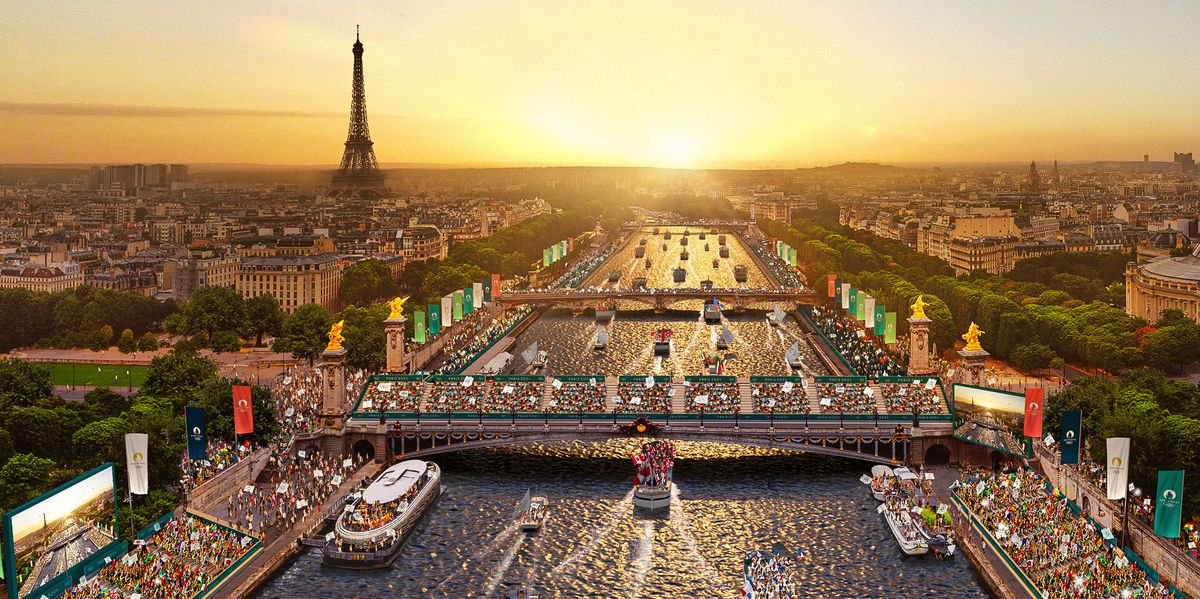 This computer generated image provided Tuesday May 23, 2023 by Paris 2024 shows an aerial view of Paris with the Eiffel tower and the Seine river during the opening ceremony of the Paris 2024 Olympic Games on July 26, 2024. French security experts have expressed misgivings about size and complexity of the security operation that will be needed to safeguard Paris' ambitions for the unprecedented opening gala along the River Seine. (Paris 2024 via AP)