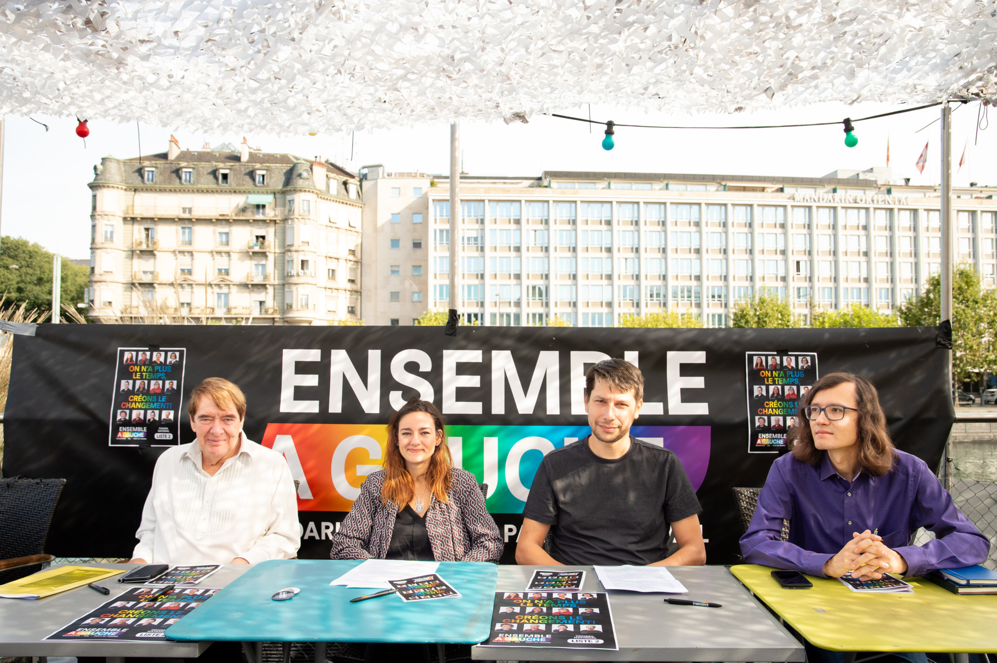 Christian Zaugg (DAL), Jessica Pini (PdT), Guillaume Thion (SolidaritéS) et Alexander Eniline (PdT) ont présenté lundi le programme d’Ensemble à Gauche pour les élections fédérales.