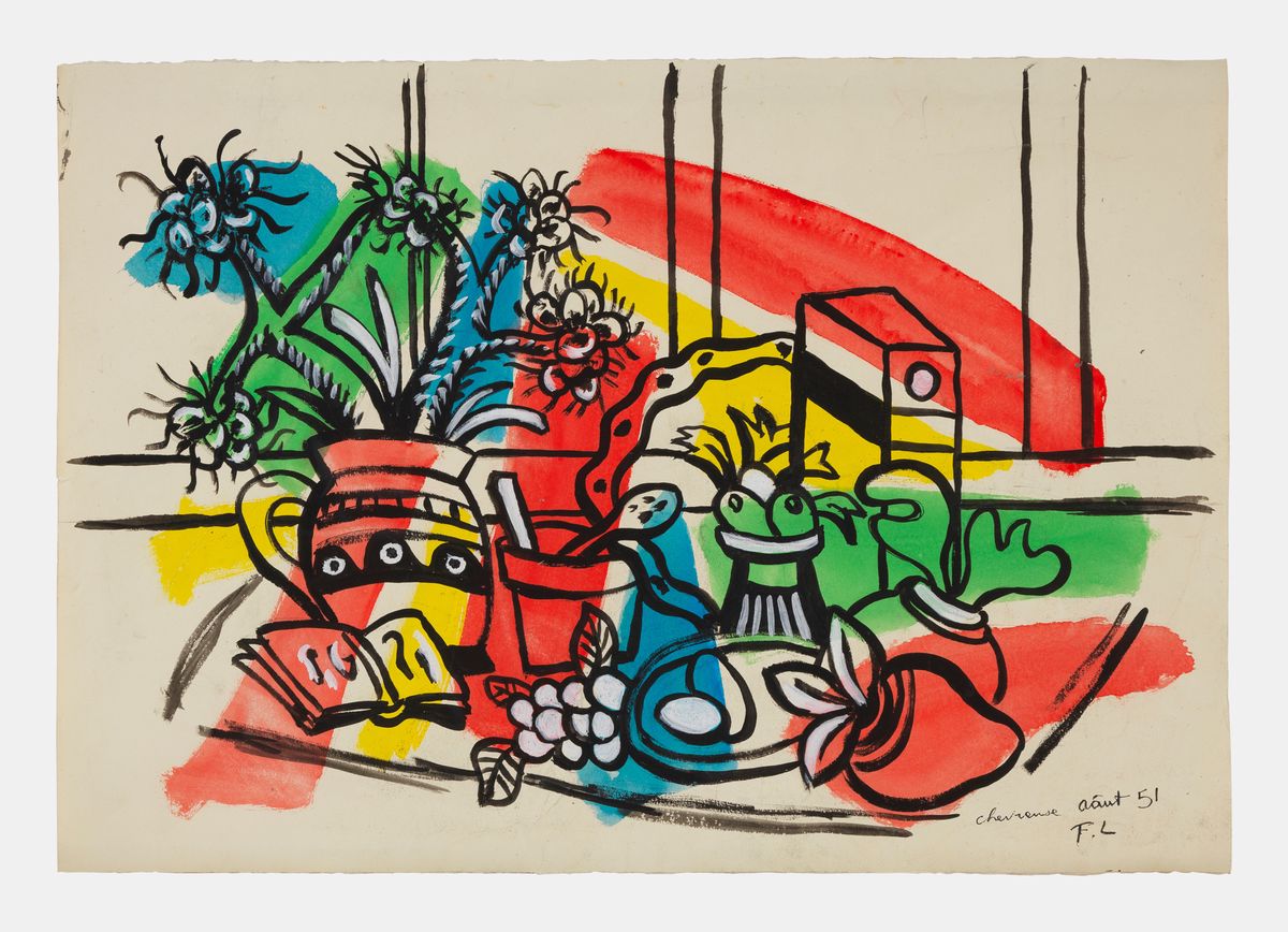 Une nature morte colorée avec des fleurs, des fruits, des carafes et des objets divers dessinée à l'encre et à la peinture.