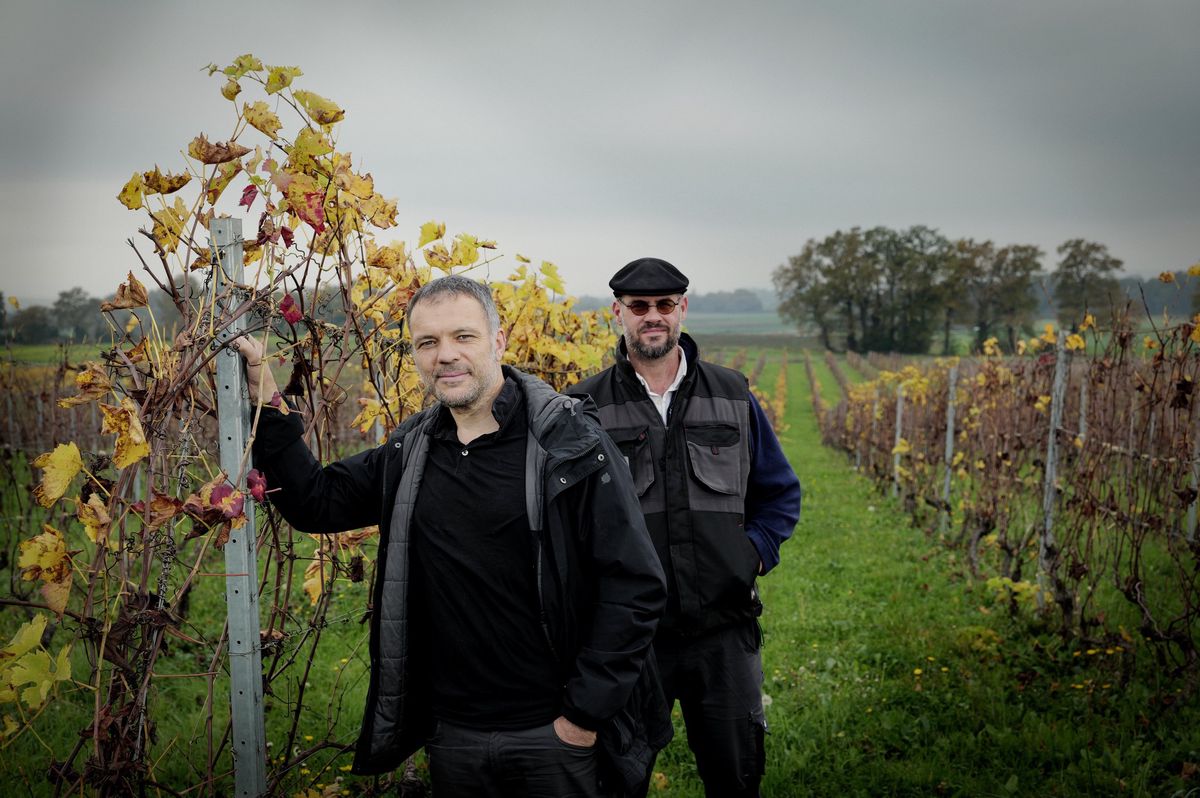 Deux vignerons, Francis Rousset et Claude-Etienne Tardy, posent dans leur domaine viticole à Laconnex, Genève, consacré aux cépages hybrides.