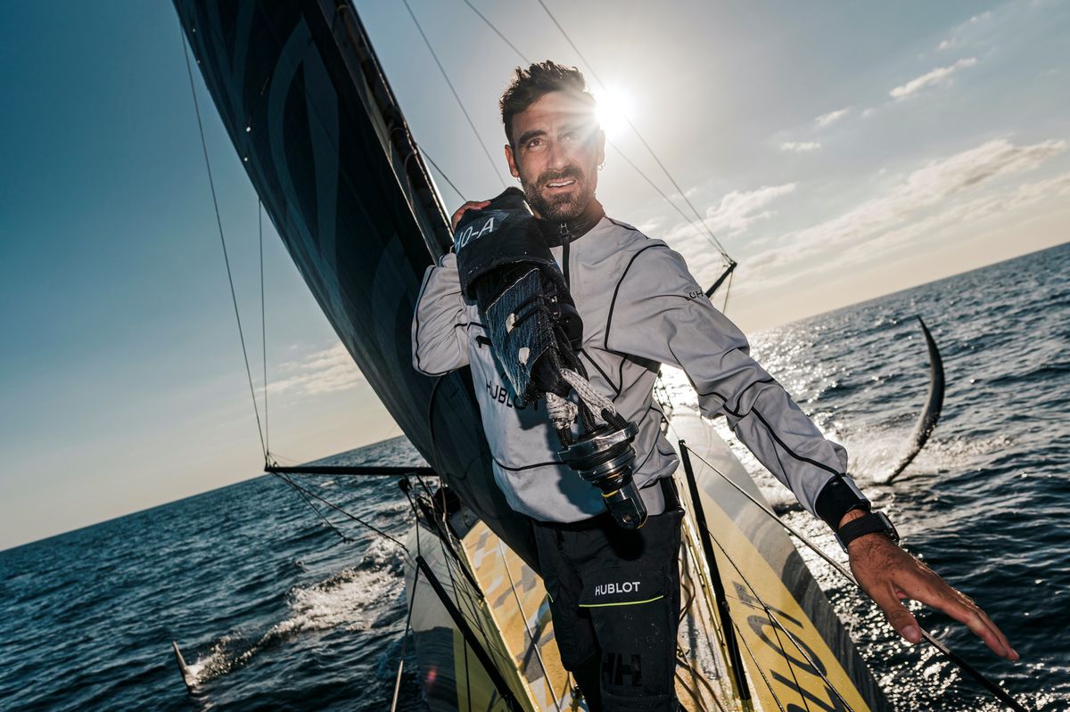 LORIENT, FRANCE - AUGUST 25 : Swiss skipper Alan Roura is training on the Hublot Racing Team Imoca off Lorient, on August 25th, 2022. (photo by Jean-Louis Carli / Alea)