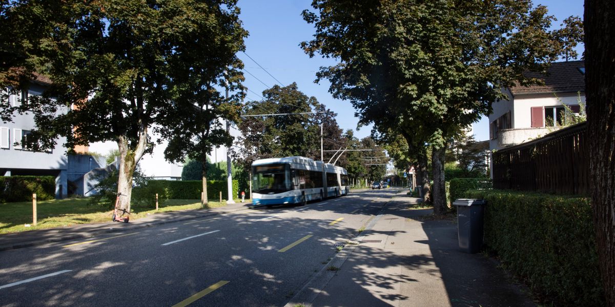 Trolleybus Travels Through Tree-Lined Streets in Affoltern, Zurich