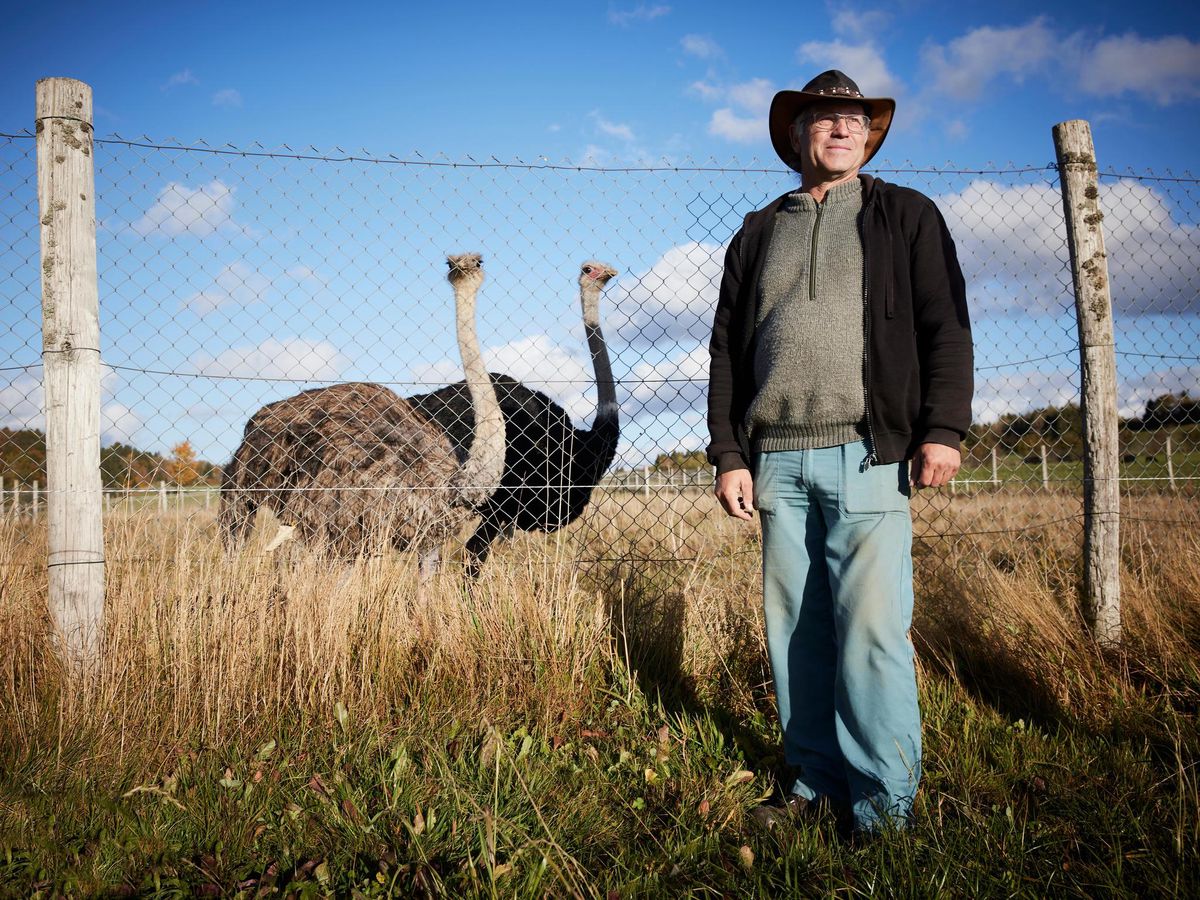 Joseph Noirjean pose ici avec Guillaume Tell (18 ans, plumage noir) et Gentiane (15 ans, plumage clair), 2 de ses plus anciens animaux.    