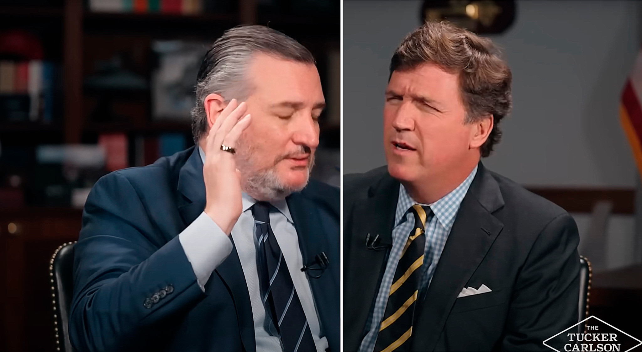 Ted Cruz und Tucker Carlson bei ihrem aufgeheizten Interview.
