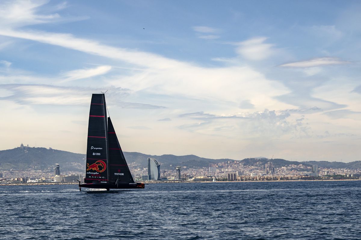 The Alinghi Red Bull Racing's BoatOne in action during a training session for the next 37th America?s Cup, in Barcelona, Spain, Monday May 13, 2024. The Swiss-built AC75 will challenge for the Louis Vuitton 37th America's Cup later this year. (KEYSTONE/Jean-Christophe Bott)