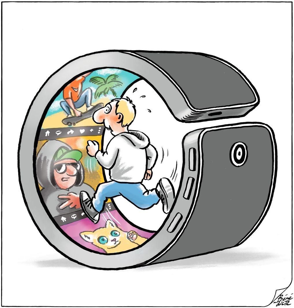 Caricature d’un homme courant à l’intérieur d’une grande montre connectée, entouré de diverses activités numériques affichées à l’écran.