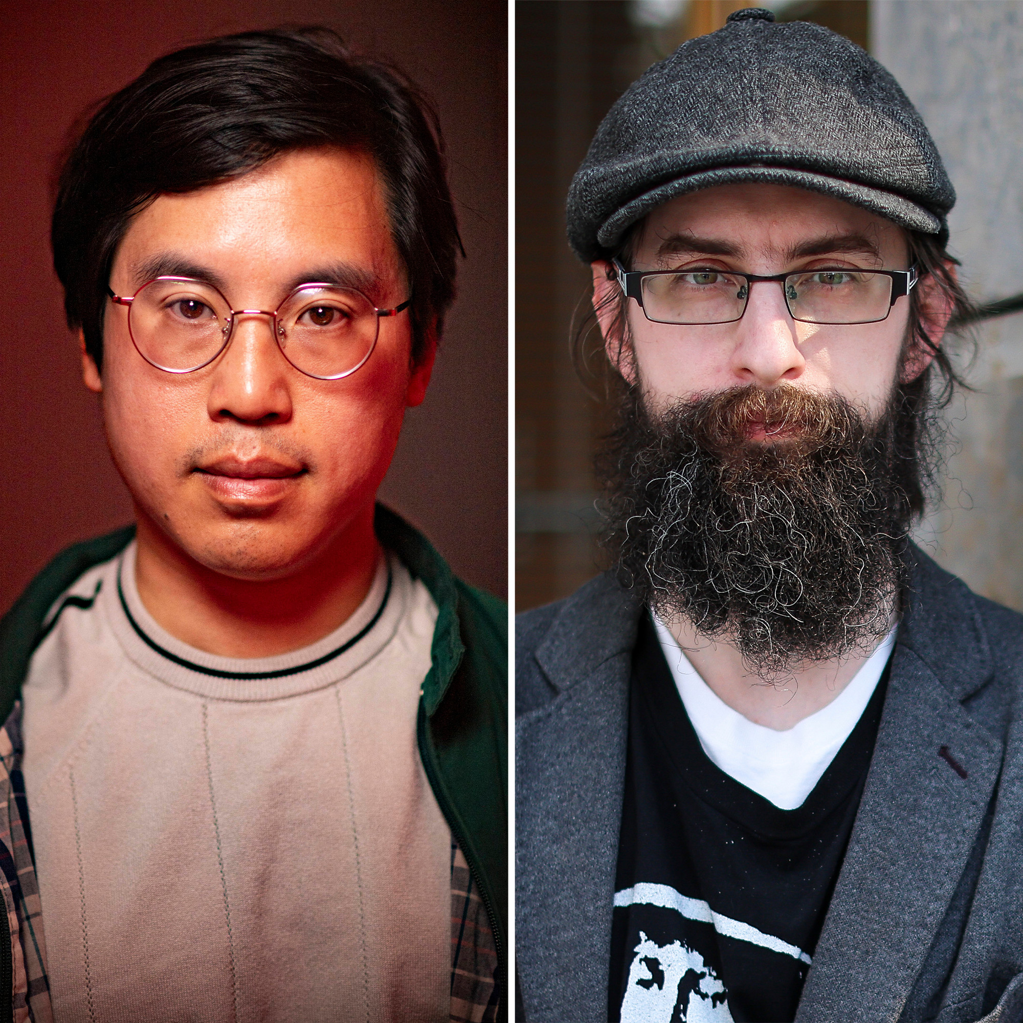 Porträtfotos der Schriftsteller Tony Tulathimutte (links, mit runder Brille) und Clemens J. Setz (rechts, mit Bart und Schiebermütze).