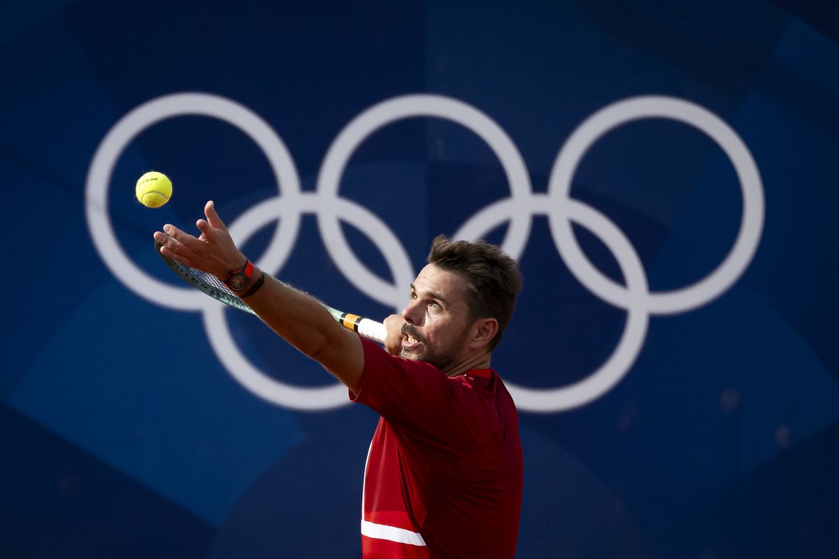 Stanislas Wawrinka of Switzerland serves the ball against Pavel Kotov of Russia (not pictured) during the men's single first round tennis match at the 2024 Paris Summer Olympics in Paris, France, Sunday, July 28, 2024. (KEYSTONE/Anthony Anex)