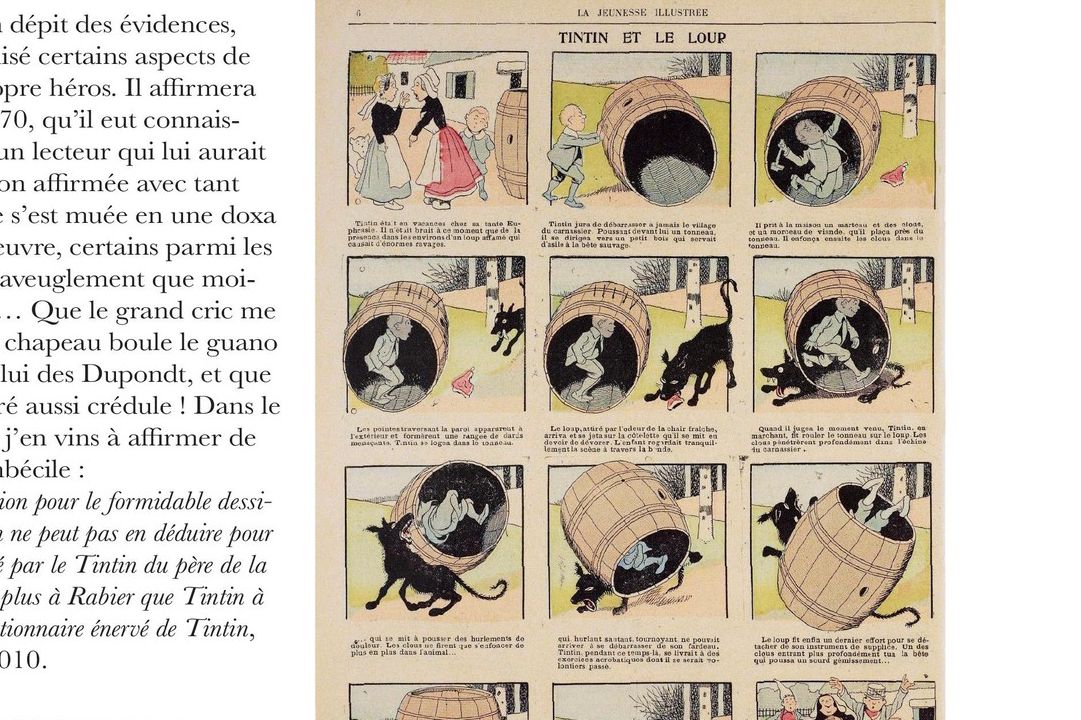 Page de livre montrant des illustrations de Tintin avec des légendes. Comprend des images de Tintin et du loup, et des encadrés de texte explicatif.