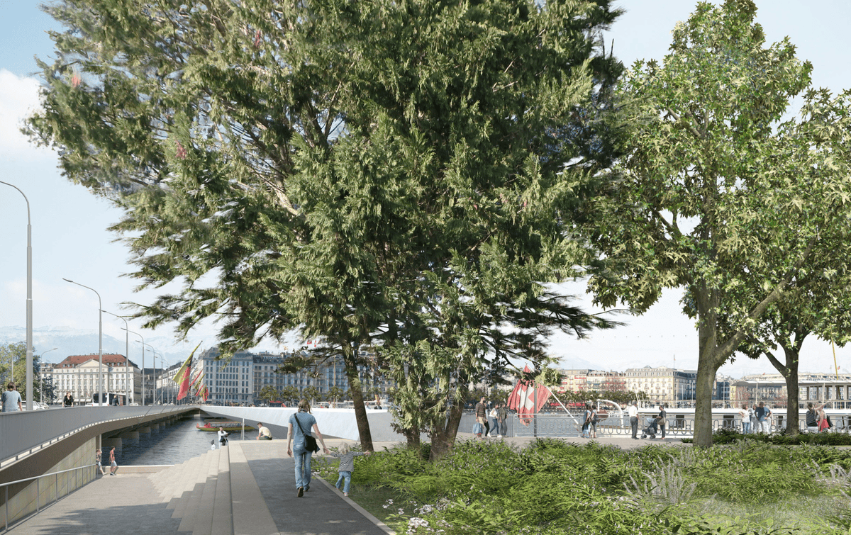 La passerelle piétonne devra être construite légèrement de biais en amont du pont du Mont-Blanc.