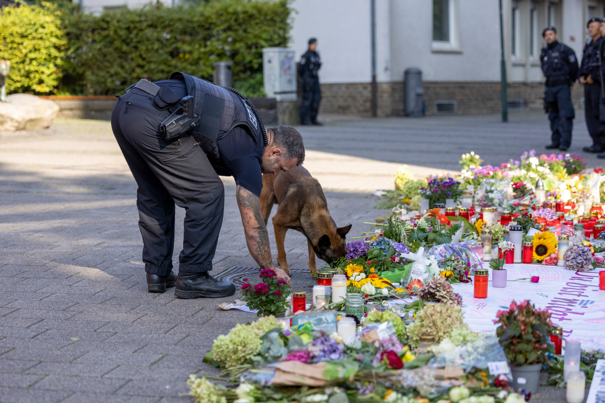 Ein Polizist beugt sich neben einem Hund über ein Meer aus Blumen und Kerzen, das an die Opfer der Messerattacke erinnert.
