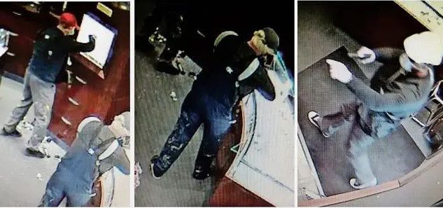 Des images du braquage tirées de la vidéosurveillance. Au centre, l’homme à la perruque blonde serait le prévenu âgé de 43 ans, jugé à Lausanne.