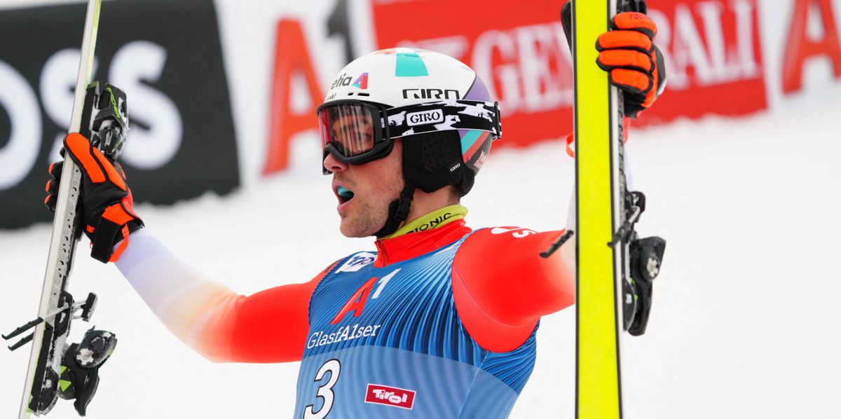 Switzerland's Daniel Yule reacts at the finish area after his second run of the Hahnenkamm Men's Slalom event of the FIS Alpine Skiing World Cup in Kitzbuehel, Austria on January 21, 2024. (Photo by GEORG HOCHMUTH / APA / AFP) / Austria OUT
