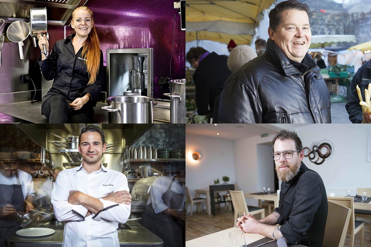 Marie Robert, à Bex, Pierrot Ayer, à Fribourg, Yoann Caloué, à Carouge, et Marc Strebel, à Saint-Aubin-Sauges (de g. à dr. et de haut en bas).