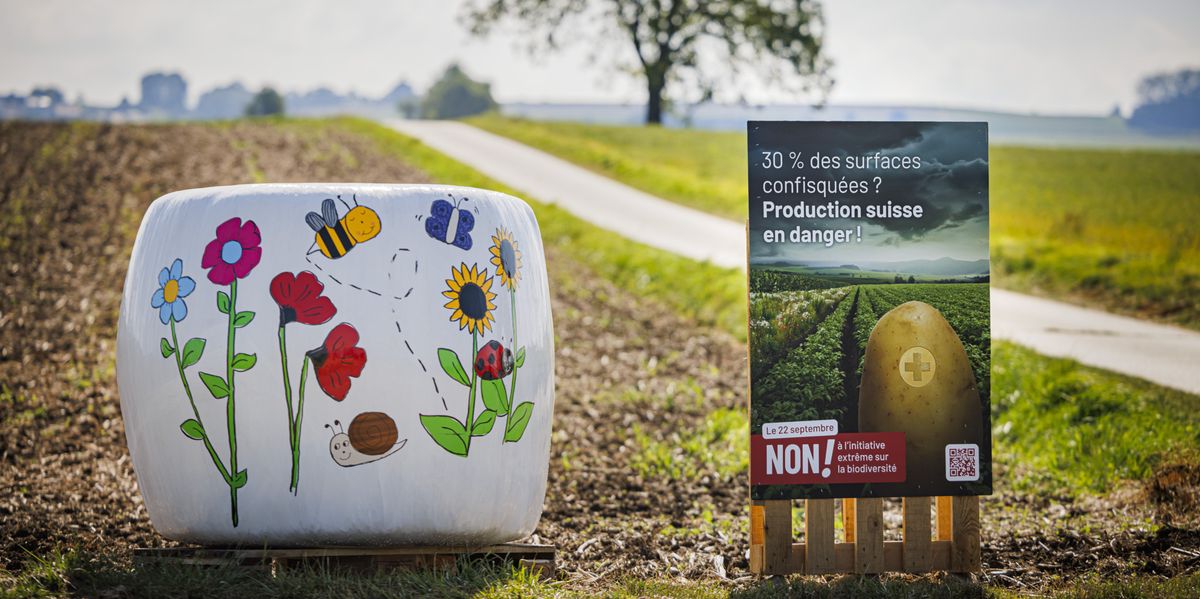 Un panneau contre l'initiative biodiversité est photographié dans un champ à Penthalaz.