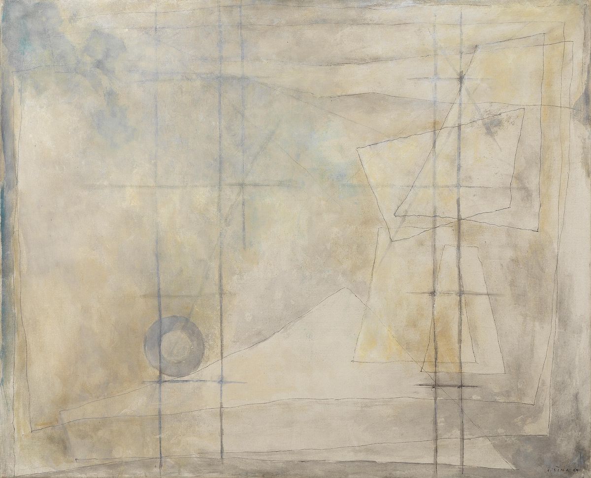 Peinture abstraite avec des formes géométriques et des tons pastel.