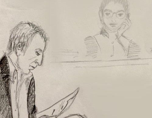 Un croquis d'un homme lisant un document pendant qu'une autre personne, en arrière-plan, regarde devant avec sa tête appuyée sur sa main.