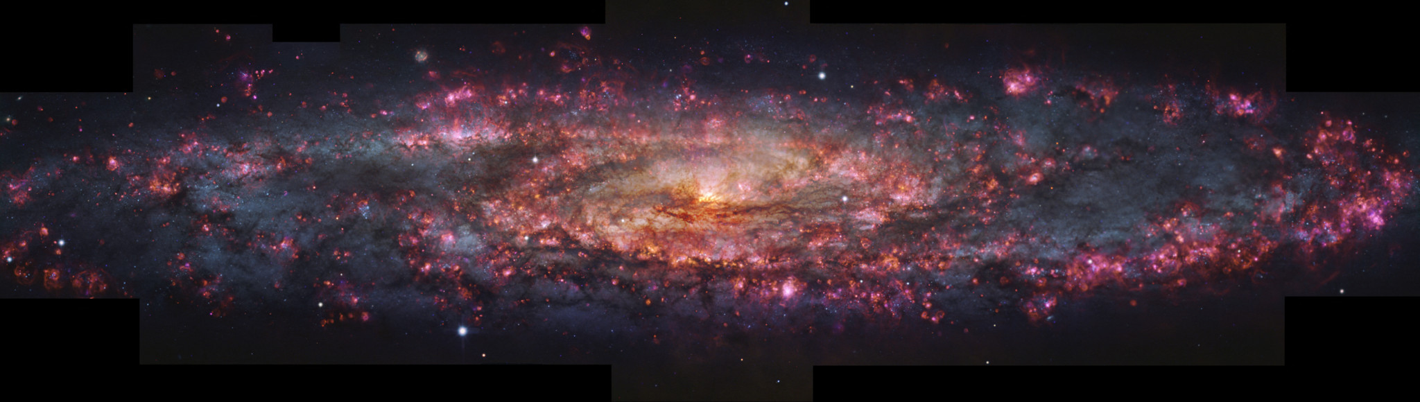 Detaillierte Aufnahme der Bildhauer-Galaxie mit tausend Farben, aufgenommen mit dem MUSE-Instrument am VLT des Europäischen Südsternobservatoriums. Die Galaxie zeigt spiralförmige Muster in Rosa-, Gelb- und Orangetönen.