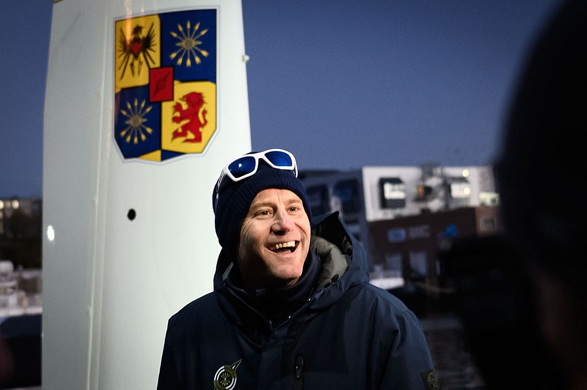 French skipper Charles Caudrelier reacts in front of his Gitana - Edmond de Rothschild Ultim multihull prior to taking to the start of the Arkea Ultim Challenge, a solo round-the-world race on a multihull, off the coast of Brest, on January 7, 2024. The Arkea Ultim challenge around-the-world-solo sailing race will start in Brest, western France, on January 7, 2024, as the first solo round-the-world race on a multihull. (Photo by LOIC VENANCE / AFP)