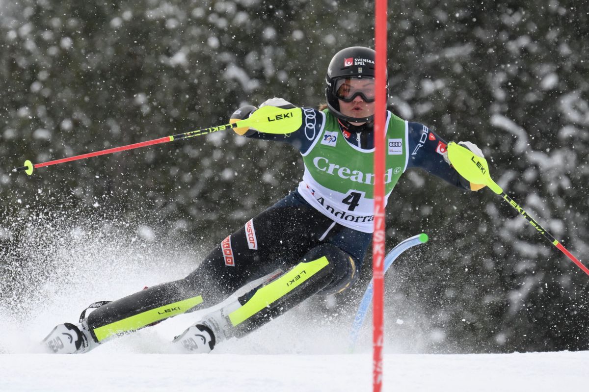 Sweden's Anna Swenn Larsson competes in the first run of the women's Slalom event of the FIS Alpine Ski World Cup in Soldeu, Andorra, on February 11, 2024. (Photo by Ed JONES / AFP)