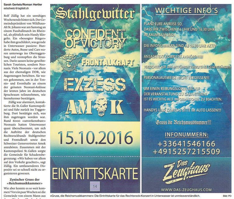 Mit diesem Flyer warben die Organisatoren für das Rechtsrock-Konzert im Toggenburg. Mit diesem Flyer warben die Organisatoren für das Rechtsrock-Konzert im Toggenburg.