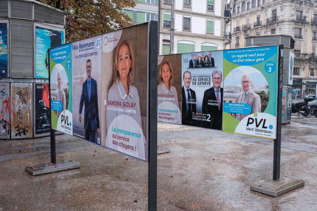 Affiches électorales à Genève pour le deuxième tour de l'élection des magistrats à la cour des comptes, octobre 2024.