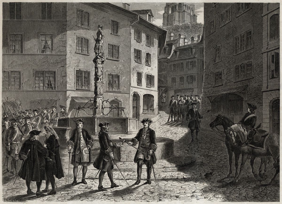 L’arrestation de Davel par la capitaine de la Ville de Lausanne, le 1er avril 1723, sur une gravure du Vaudois Gustave Roux, vers 1848-1885. Davel n’a pas été arrêté place de la Palud comme l’a représenté Roux, mais à la rue de Bourg. À gauche, on remarque les deux «comploteurs» Jean Milot et Jean Daniel de Crousaz.