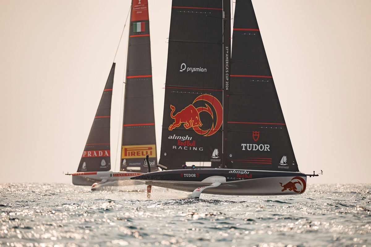 Alinghi Red Bull Racing of Switzerland with Arnaud Psarofaghis, Maxime Bachelin behind the helm and Bryan Mettraux, Yves Detrey as flight controllers compete during the AC37 Preliminary Regatta in Jeddah, Saudi Arabia on November 29, 2023.