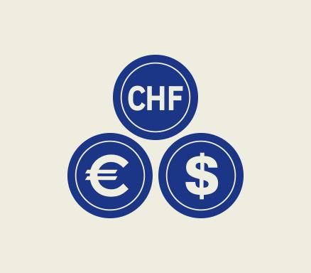 Symboles des monnaies CHF, EUR et USD en bleu sur fond beige.