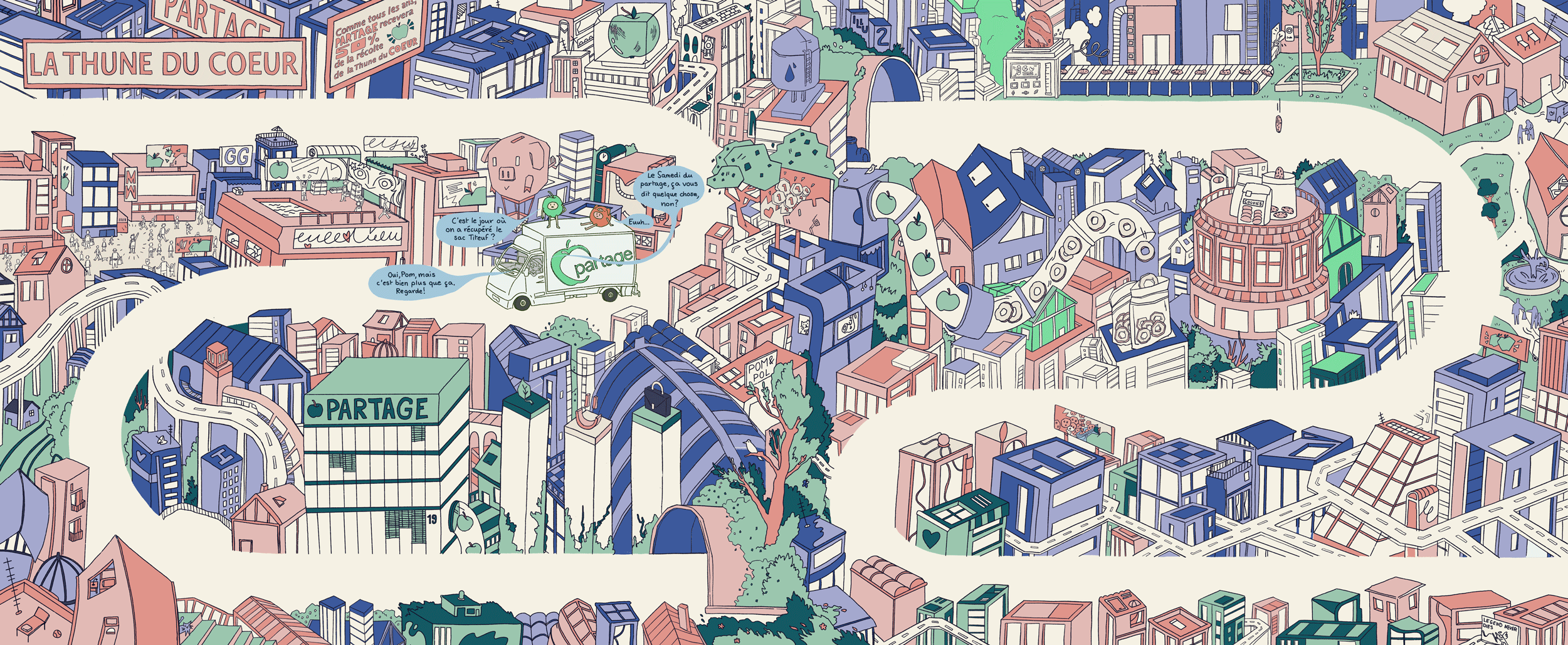Illustration d’une ville imaginaire avec des bâtiments colorés et des routes sinueuses, affichant des panneaux comme ’La Thune du Cœur’ et ’Partage’.