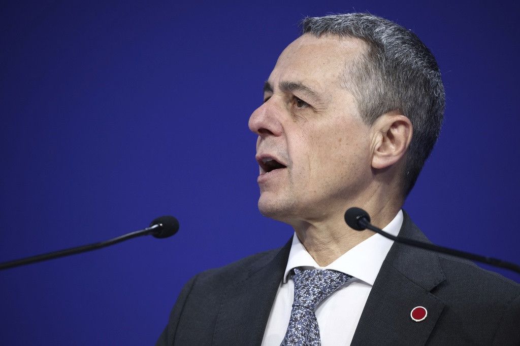 Switzerland's Foreign Minister Ignazio Cassis addresses the closing session on the second day of the Ukraine Recovery Conference in London, Thursday, June 22, 2023. Delegates from more than 60 countries are attending the conference that is both a fundraising forum and a message to Russia that Ukraine's allies are in it for the long haul. (Henry Nicholls/Pool via AP)