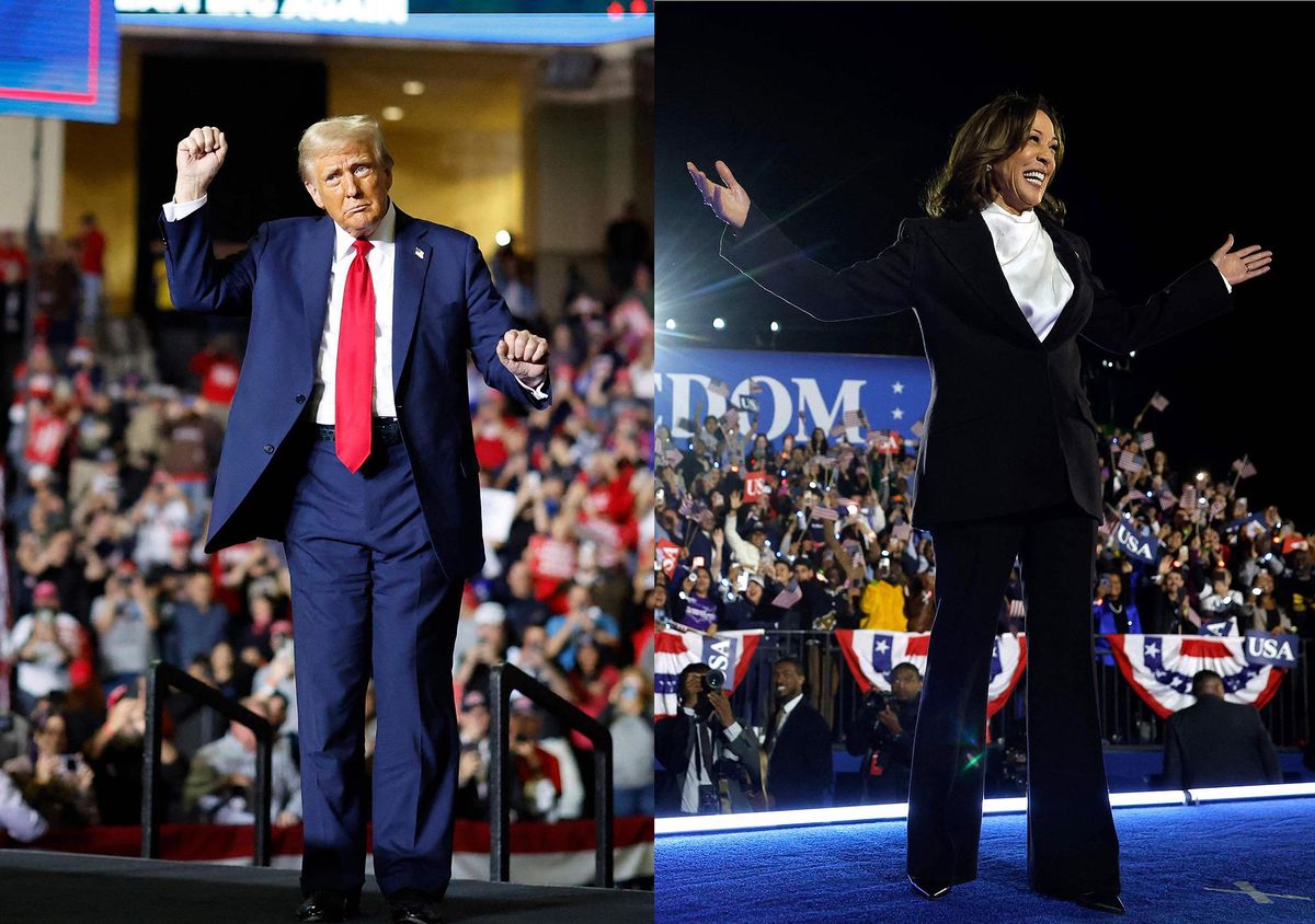 Donald Trump lors d'un rassemblement à Allentown, Pennsylvanie, et Kamala Harris lors d'un discours à Washington, DC, à une semaine des élections.