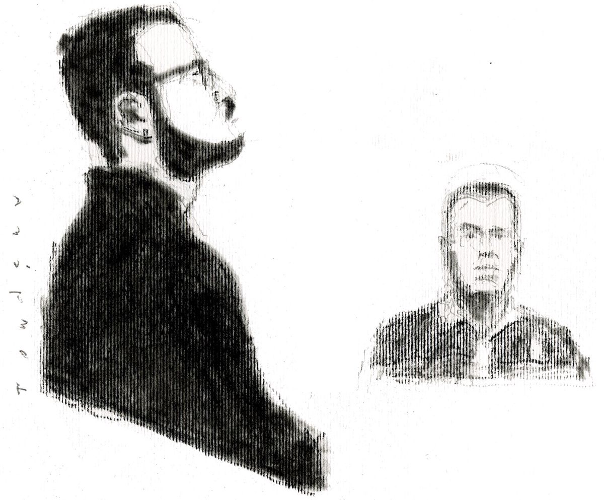 Illustration en noir et blanc de deux hommes, l'un en profil regardant vers le haut, l'autre de face.