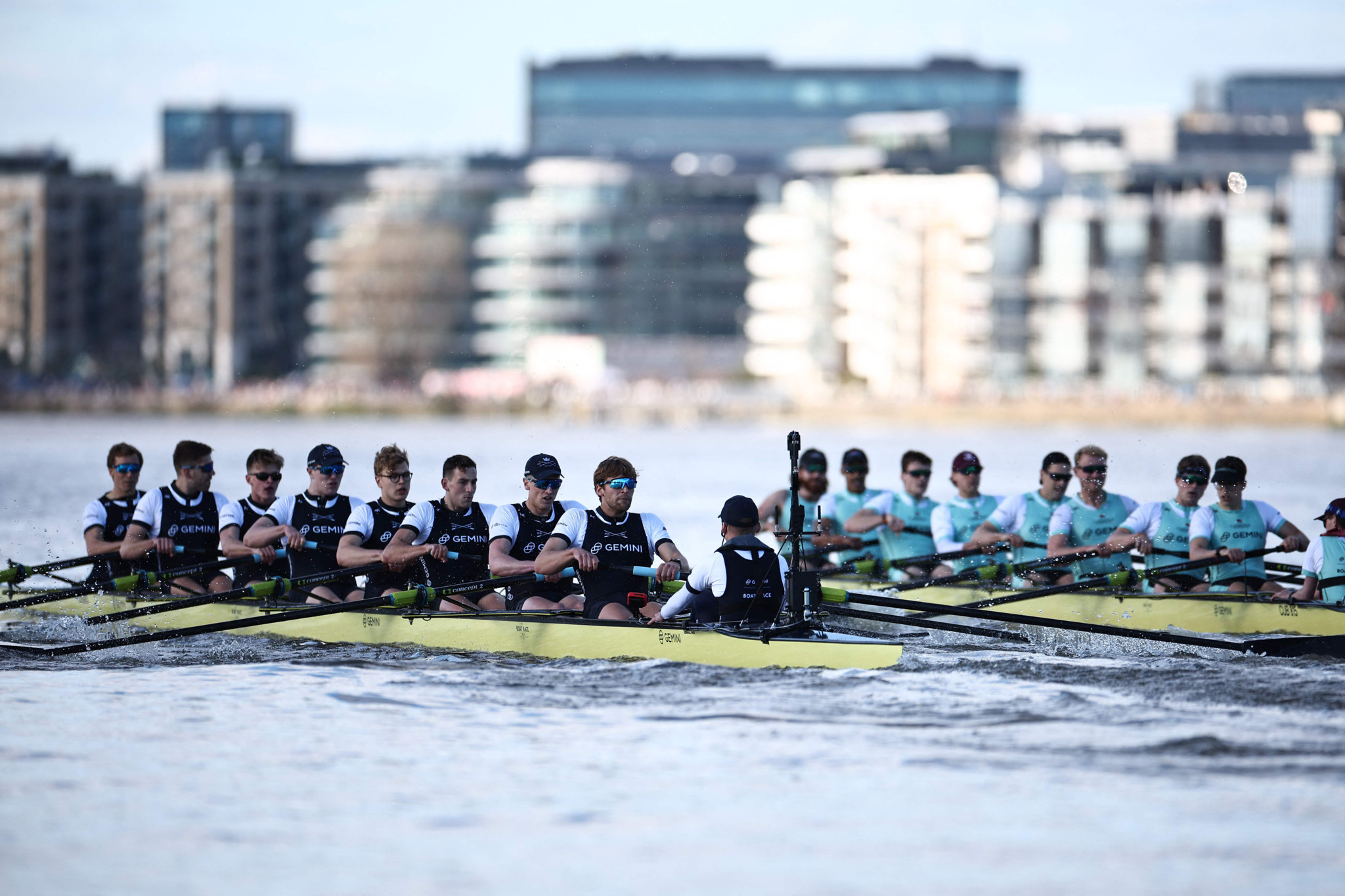 Teams compete in the 169th men's boat race between Oxford University and Cambridge University on the River Thames in London on March 30, 2024. The Boat Race was first raced by crews from Oxford and Cambridge University in 1829 and is now one of the world's oldest and most famous amateur sporting events. (Photo by HENRY NICHOLLS / AFP)