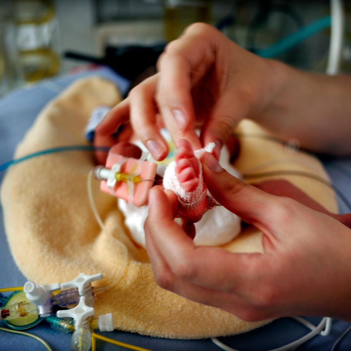 Un pédiatre néonatologue à l’HUG de Genève manipulant délicatement les pieds d’un nouveau-né sous soins intensifs.