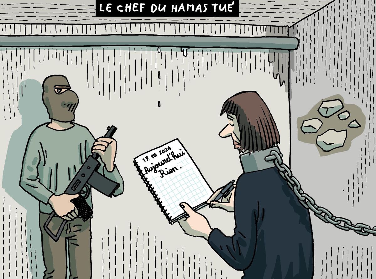 Dessin humoristique montrant un homme masqué tenant un fusil et un autre homme enchaîné écrivant dans un carnet sous le titre 'Le chef du Hamas tué'.