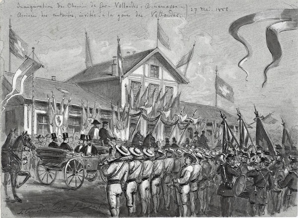 Dessin de Pierre-Amédée Champod représentant l’inauguration de la ligne Vollandes-Annemasse au niveau de la gare des Eaux-Vives.