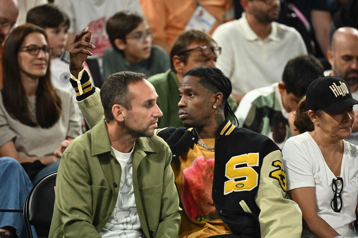US rapper Travis Scott attends the men's semifinal basketball match between France and Germany during the Paris 2024 Olympic Games at the Bercy  Arena in Paris on August 8, 2024. (Photo by Aris MESSINIS / AFP)