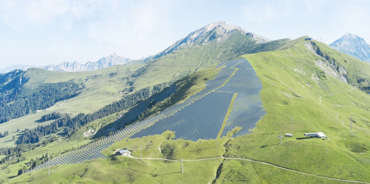 Visualisierung des Hahnenmoosbärgli zwischen Adelboden und Lenk mit der geplanten Solaranlage.