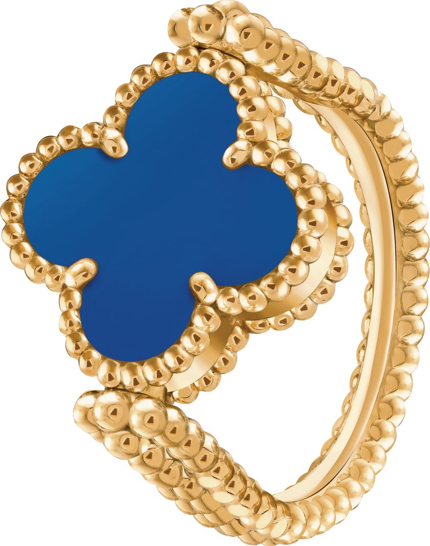 Bague en or avec un motif quadrilobe bleu.