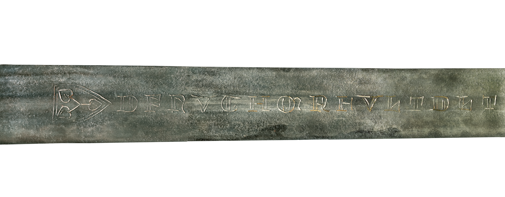 Die Klinge des Thuner Richtschwerts enthält eine bisher ungeklärte Abfolge von Zeichen und Buchstaben. Sind es Akronyme, also die aus den Anfangsbuchstaben mehrerer Wörter gebildeten Kurzwörter für ein Gebet oder einen Psalm?